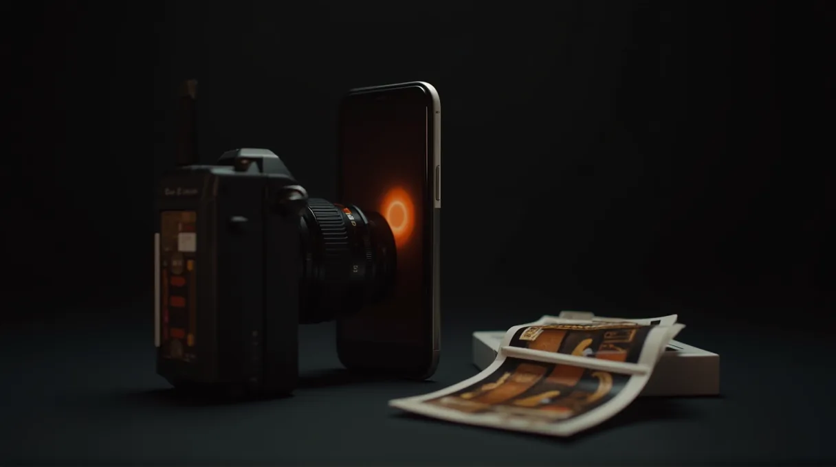 LAB76 — a smartphone acting as a fictional film camera beside developed prints